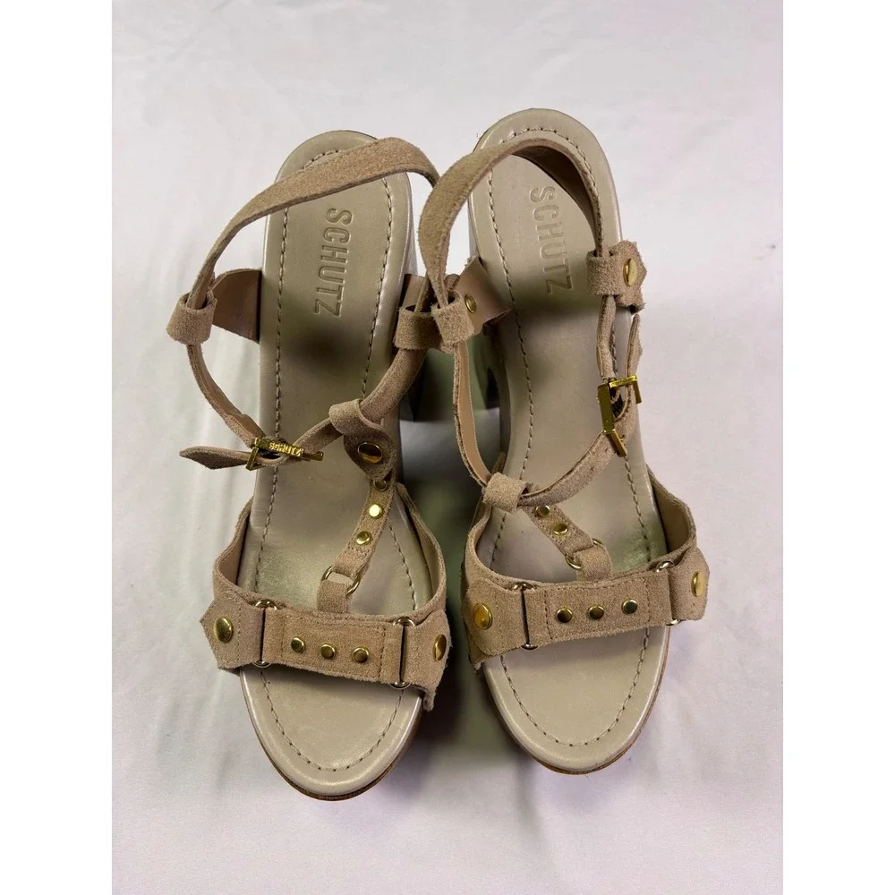 NWOB Schutz Stevie Cutout Platform Wedge Sandals Women 10B Suede Studded Wood